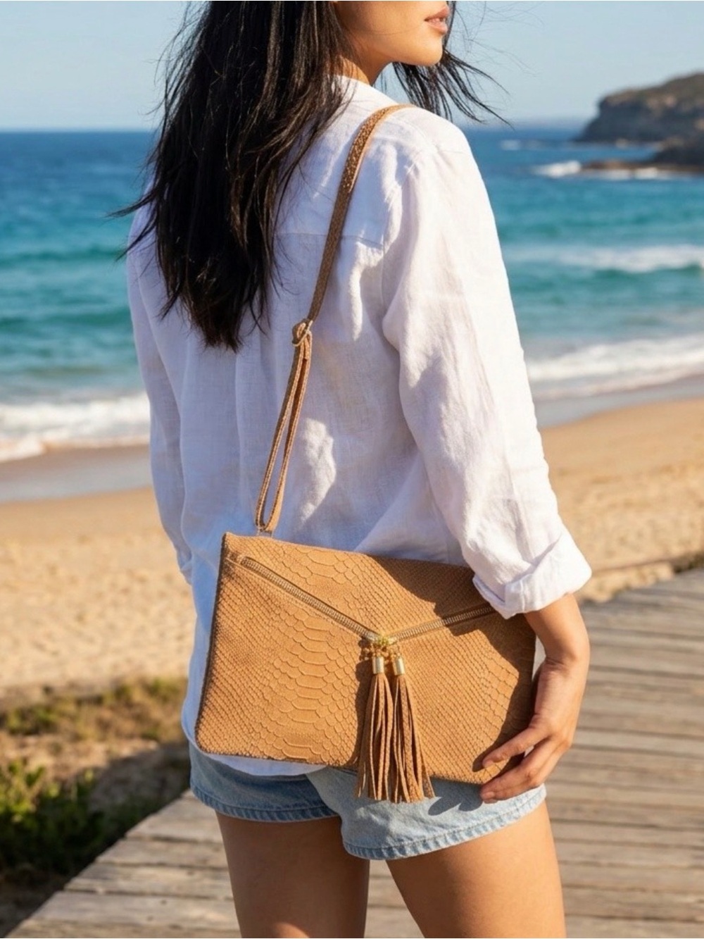 Textured Tan Tassel Crossbody Clutch- NWOT!